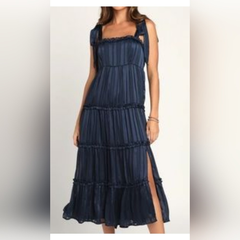 Lulus Navy Blue Metallic Striped Tiered Midi Dress Tie Straps XS NWT